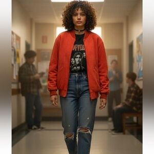 90s Vintage Red Woman's Leather Bomber Jacket - Heavyweight Thick Leather - Sz M